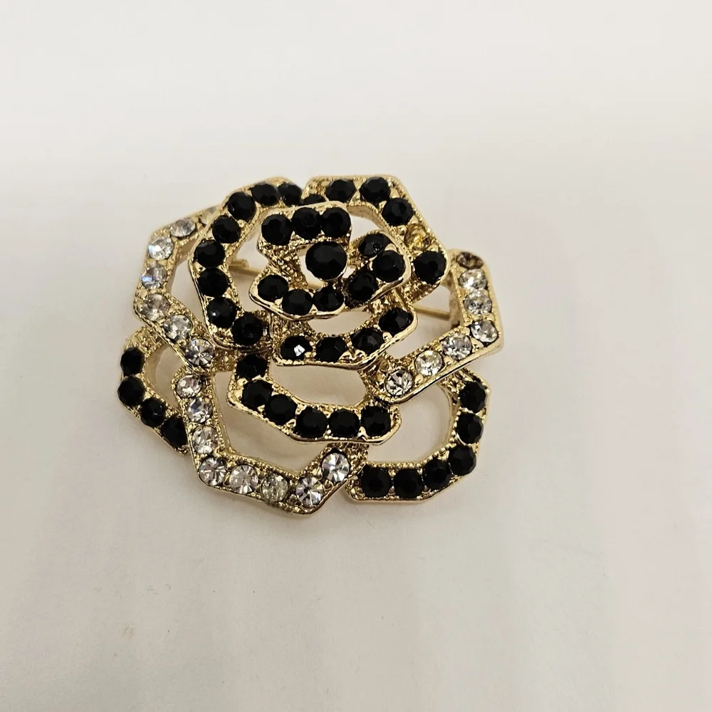 Flower Brooch Pin Rose Black Clear Rhinestones Crystals Open Work Multilayer
